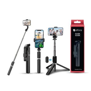 Elfora Bluetooth Selfie Stick Tripod Stand with 360 Degree Adjustable Compatible for iPhone and Android Smartphones, Perfect for Capturing Stunning Photos, Vlog and Photoshoot 90cm (Black)