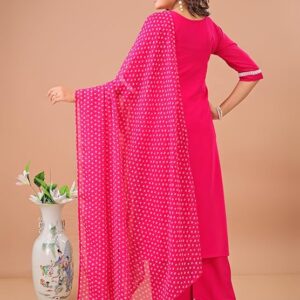 Sashay Boutique Floral Embroidered V-Neck Straight Kurta with Palazzos & Dupatta | Women's Pink Poly Crepe Kurta Palazzo Set with Bandhani Dupatta